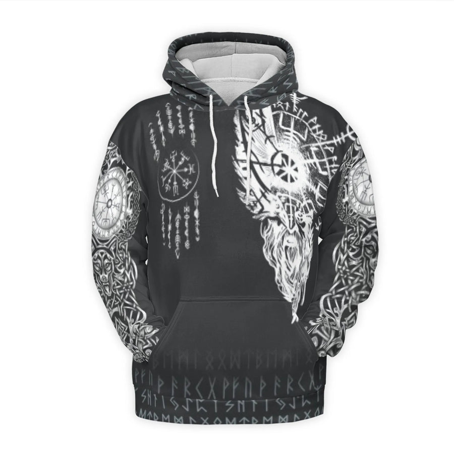 Viking Odin Hoodie | Norse Mythology Vegvisir Compass & Wolves Print | Premium Brushed Fleece Pullover | Unisex Gift for Mythology Fans