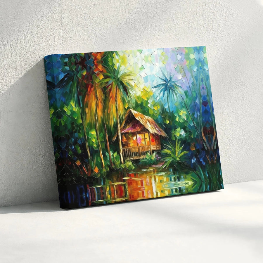 Tropical Jungle Hut Canvas Print | Vibrant Abstract Landscape Art | Gallery Wrapped 1.25" Thick Canvas | Boho & Tropical Home Decor Gift