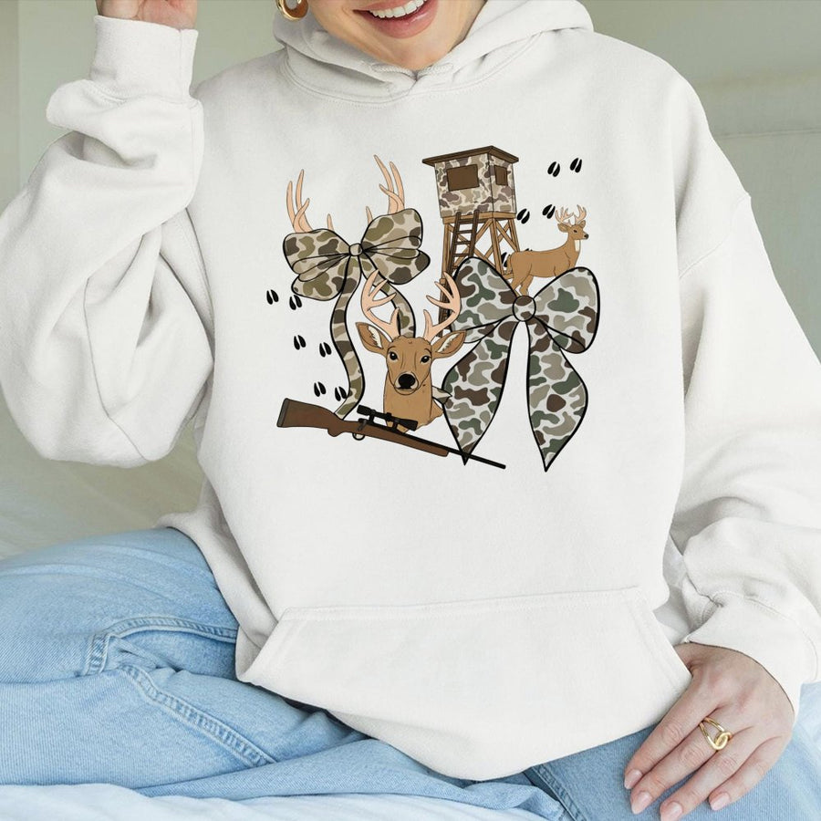 Hunting Season Hoodie | Deer Bow and Camo Ribbon Graphic | Premium Cotton-Poly Blend | Gift for Outdoor Enthusiasts