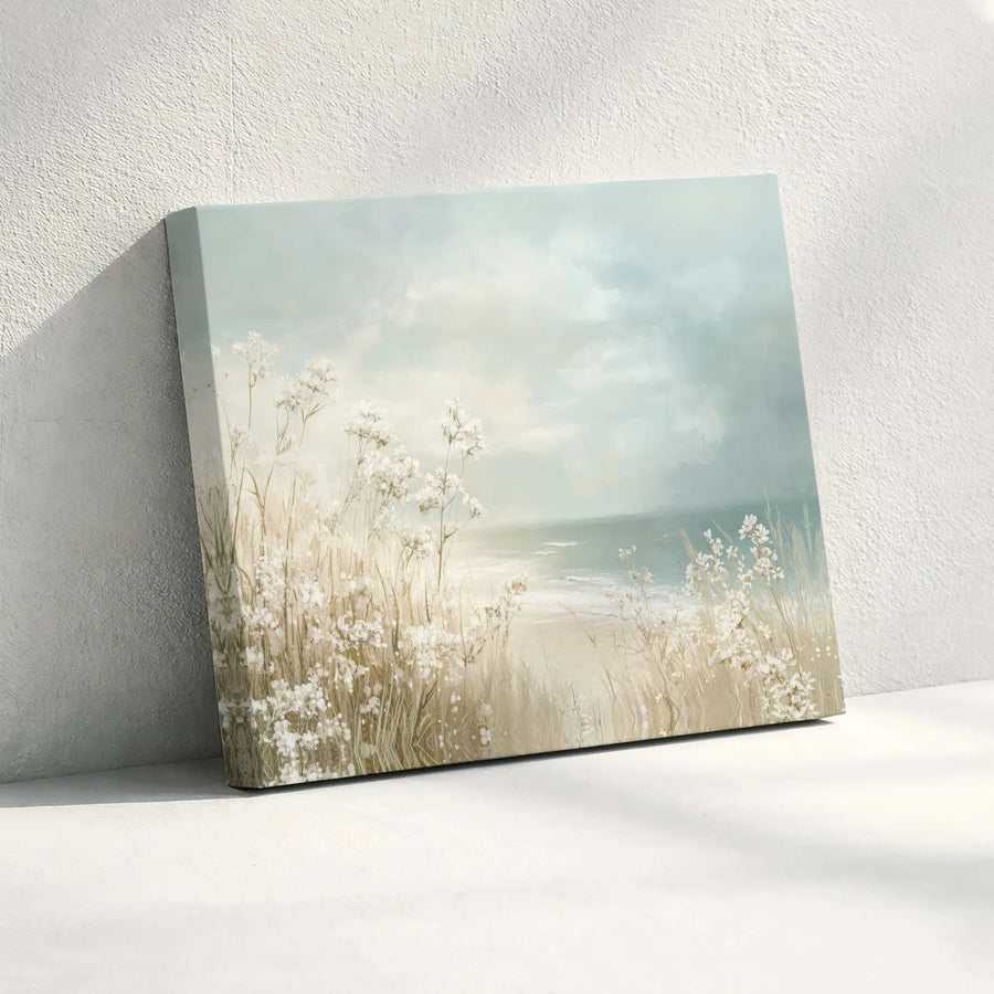 Coastal Beach Canvas Wall Art | White Wildflower Ocean Landscape | Premium Gallery Wrapped 1.25" Profile | Serene Home Decor Gift