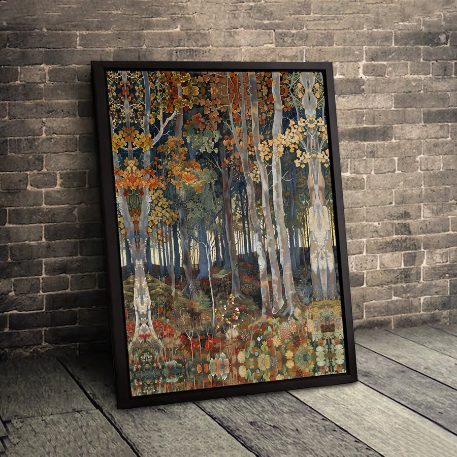 Autumn Forest Wall Art | Art Nouveau Symmetrical Woodland Print | Premium Gallery Wrapped Canvas | Nature Inspired Home Decor Gift