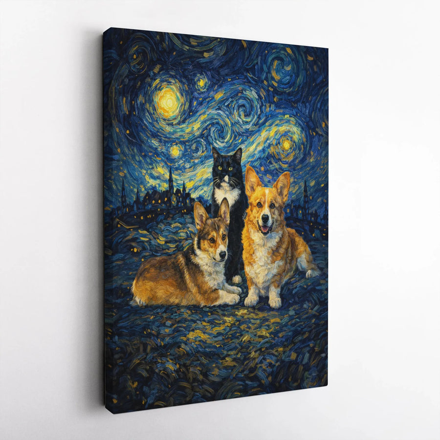 Corgi and Cat Starry Night Canvas Art | Van Gogh Style Pet Portrait | Premium Gallery Wrapped Canvas | Collector's Gift for Dog Lover Home Decor