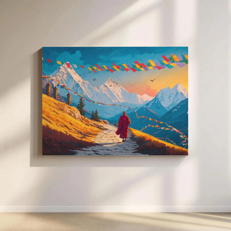Tibetan Monk Canvas Print | Himalayan Mountain Path with Prayer Flags | Premium Gallery Canvas | Spiritual Home Decor Gift