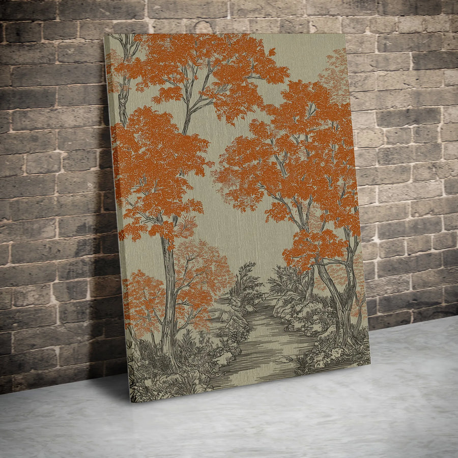Autumn Forest Vertical Canvas | Vintage Woodland Sketch Print with Orange Trees | Premium Gallery Wrapped Wall Art | Rustic Farmhouse Home Decor Gift