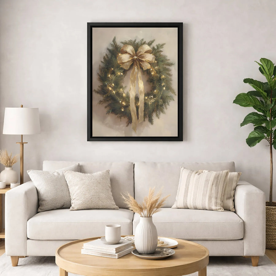 Christmas Wreath Canvas Wall Art | Painterly Gold Bow & Lights Design | Premium 1.25" Gallery Wrap | Festive Holiday Home Decor Gift