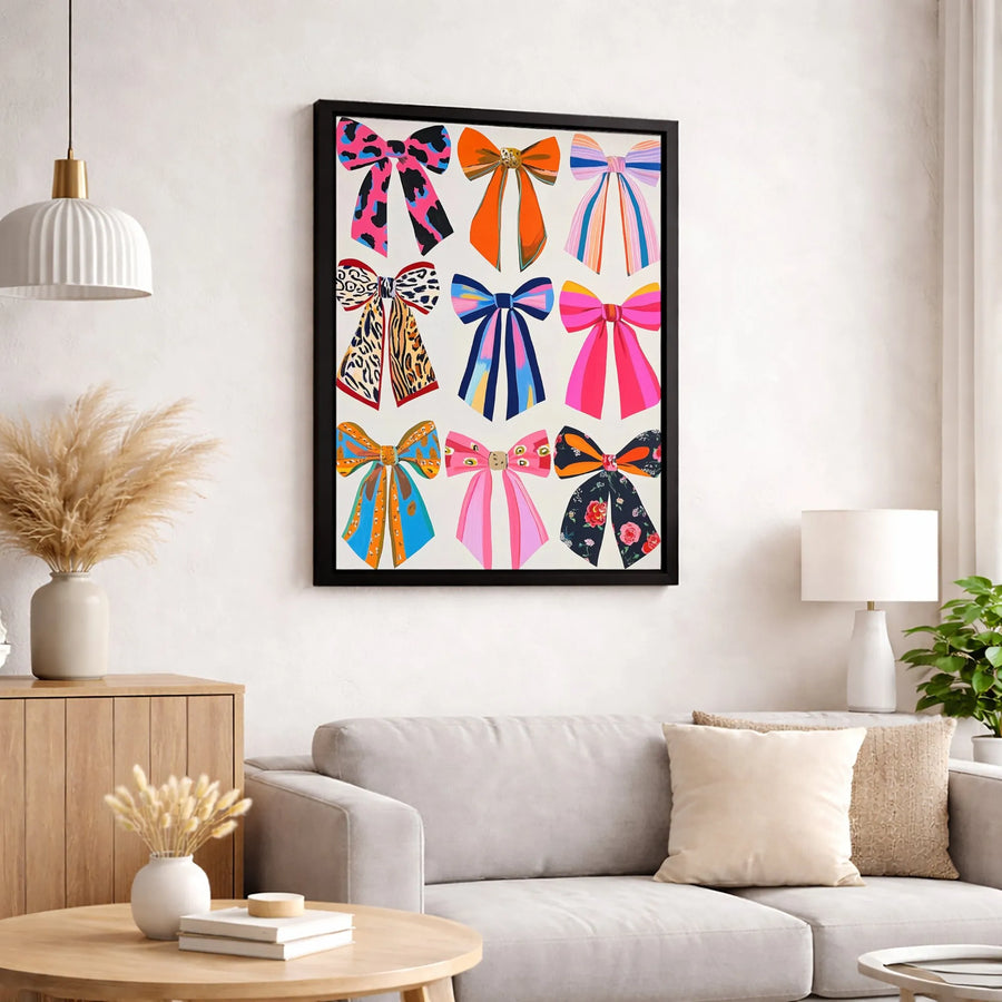 Colorful Bow Print Wall Art | Preppy Aesthetic Ribbon Gallery Canvas | Premium Fade-Resistant Decor | Gift for Her Bedroom Dorm