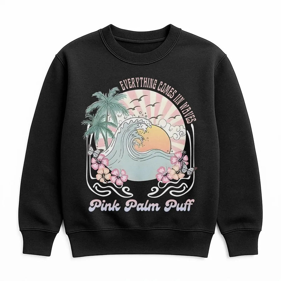 Ocean Wave Sweatshirt | Retro Sunset & Palm Tree Graphic | Soft Cotton Blend Sweatshirt | Beach Lover Surfer Gift