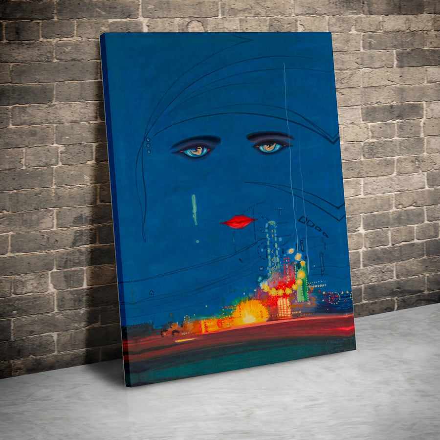 Abstract Woman Face Canvas | Melancholy City Lights Night Art | Gallery-Quality Premium Print | Modern Bedroom Office Wall Decor
