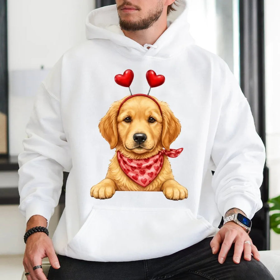 Golden Retriever Valentine Hoodie | Cute Puppy Heart Headband Graphic | Premium Cotton Blend | Romantic Dog Mom Gift For Her