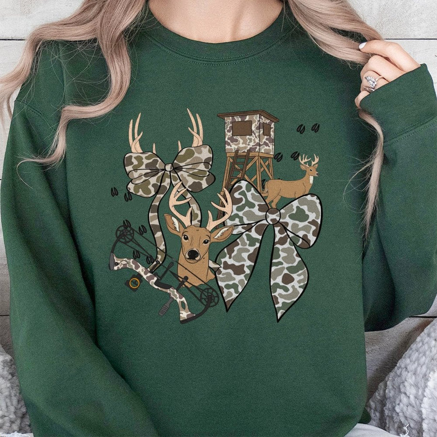 Hunting Season Coquette Sweatshirt | Deer Camo Bow Design | Premium Cotton-Poly Blend | Country Girl Gift For Women And Hunters