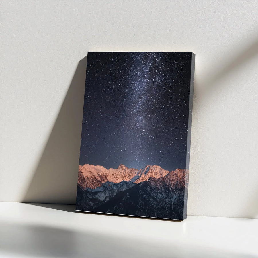 Milky Way Mountain Canvas | Night Sky Over Snowy Peaks Photography | Premium Gallery Wrap Wall Art | Living Room Decor Gift for Stargazer