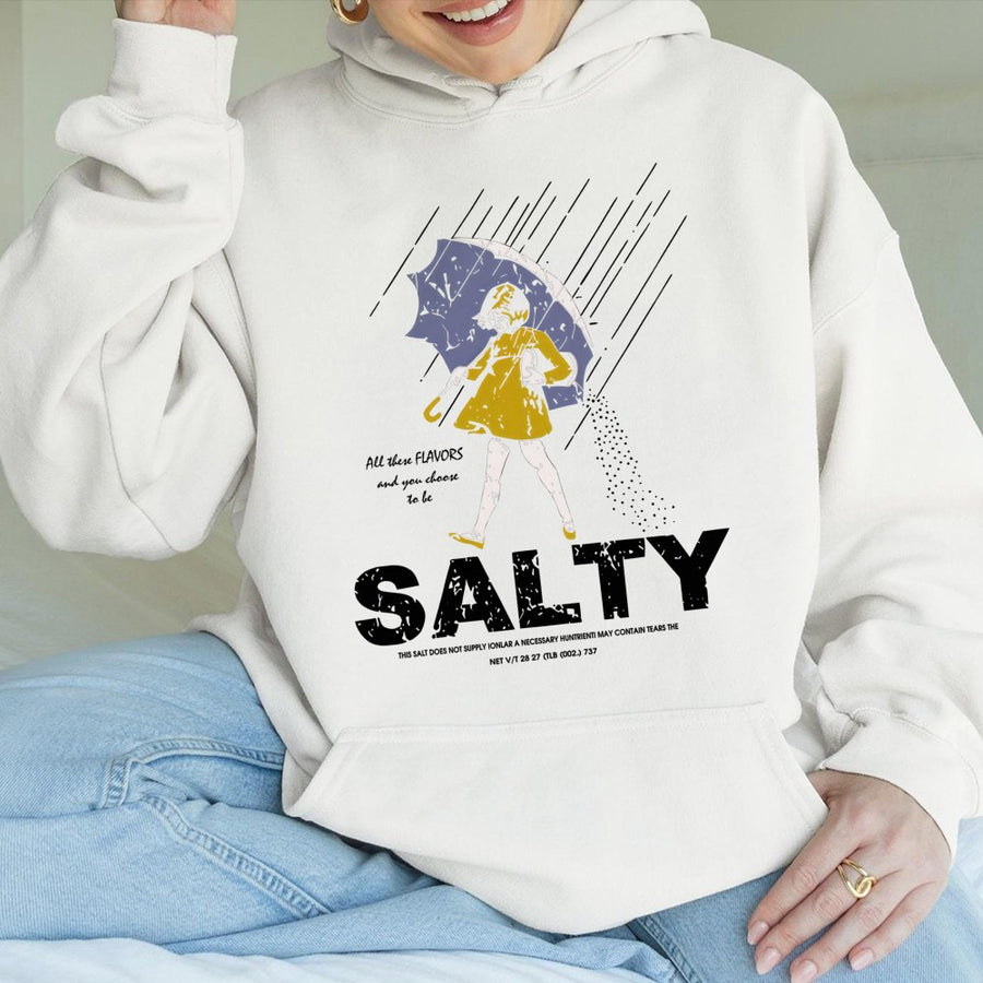 Salty Graphic Hoodie | Funny Retro Rain Girl Art Print | Premium Cotton Blend Streetwear | Sarcastic Gift for Men and Women
