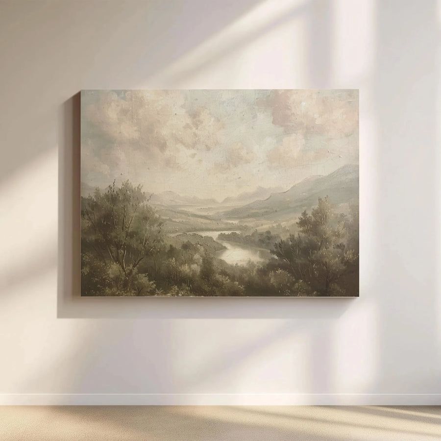 Vintage Landscape Canvas Art | Moody River Valley Scenery | Gallery Wrapped Canvas | Rustic Farmhouse Decor Gift