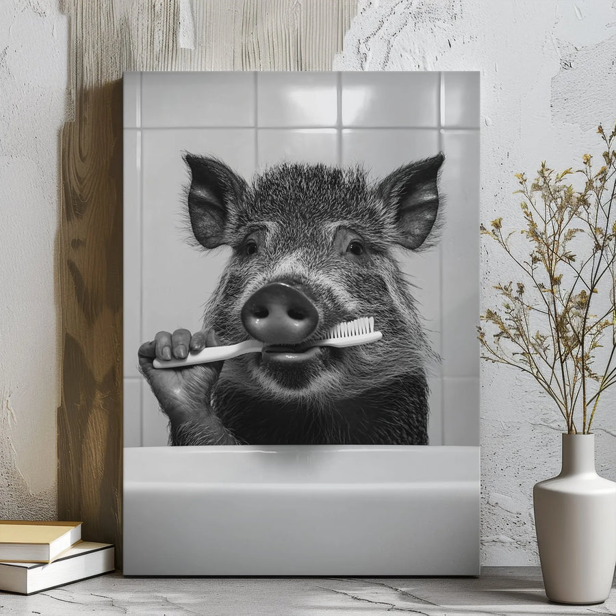 Wild Boar Bathroom Wall Art | Funny Animal Brushing Teeth Photography | Premium Gallery-Wrap Canvas | Whimsical Home Decor Gift