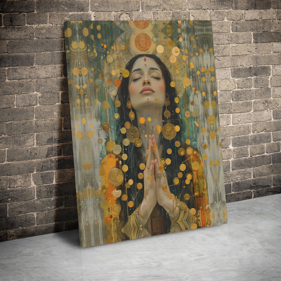 Spiritual Woman Prayer Canvas Print | Gold Coin Celestial Art | Gallery-Wrapped Premium Decor | Zen Meditation Wall Art Gift