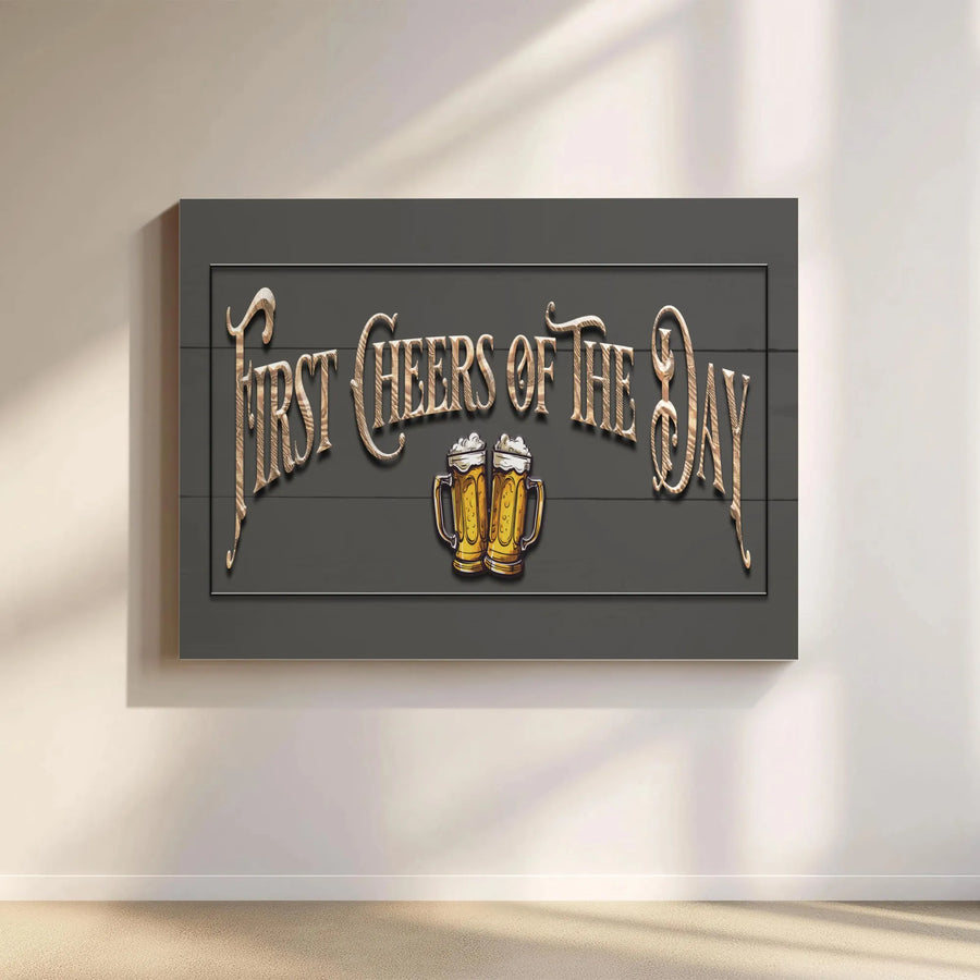 First Cheers of the Day Canvas Print | Vintage Beer Sign with 3D Wood Effect Text | Premium Gallery Wrapped Art | Home Bar & Man Cave Decor Gift