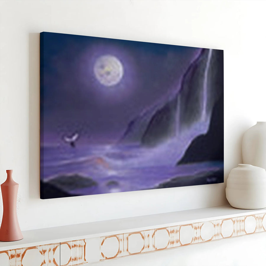 Mystical Seascape Canvas Print | Full Moon Over Waterfall Art | Premium 1.25" Thick Canvas | Spiritual Home Decor Gift