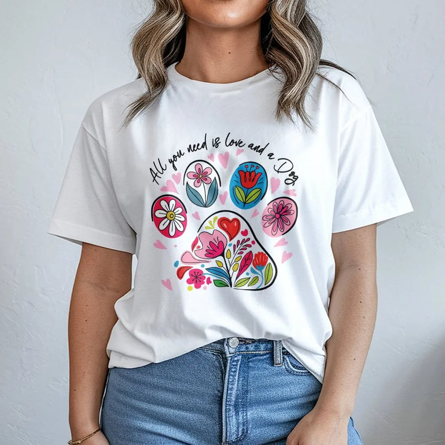 Dog Mom T-Shirt | Floral Paw Print Graphic | 100% Cotton Premium Tee | Cute Valentine Dog Lover Gift for Her