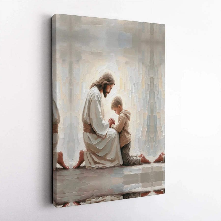 Jesus Praying With Child Canvas Print | Impressionist Christian Wall Art | Premium Gallery Wrapped Decor | Religious Gift For Nursery Or Home