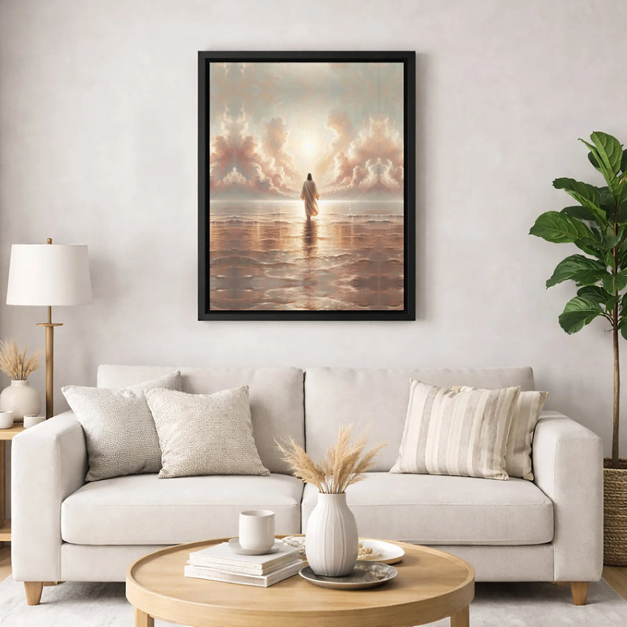Jesus Walking On Water Canvas | Serene Sunrise Religious Wall Art | Premium Gallery Wrapped Print | Christian Home Decor Gift