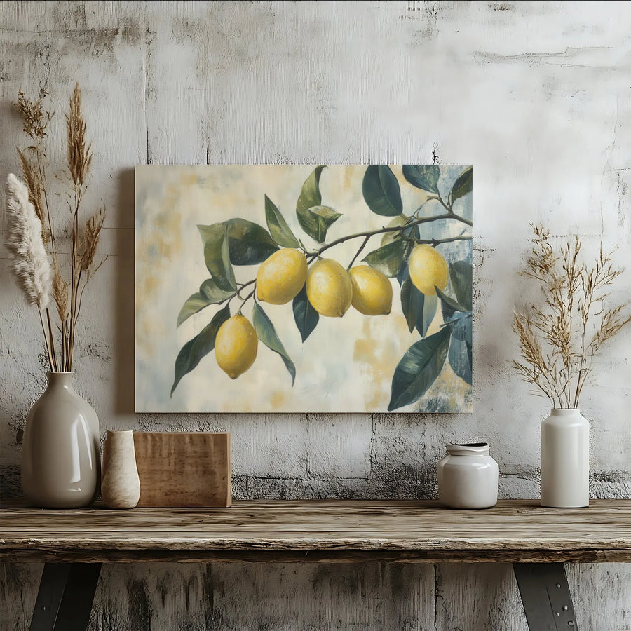 Lemon Branch Canvas Wall Art | Vintage Tuscan Fruit Painting Print | Premium Gallery Wrap Canvas | Farmhouse Kitchen Decor Gift