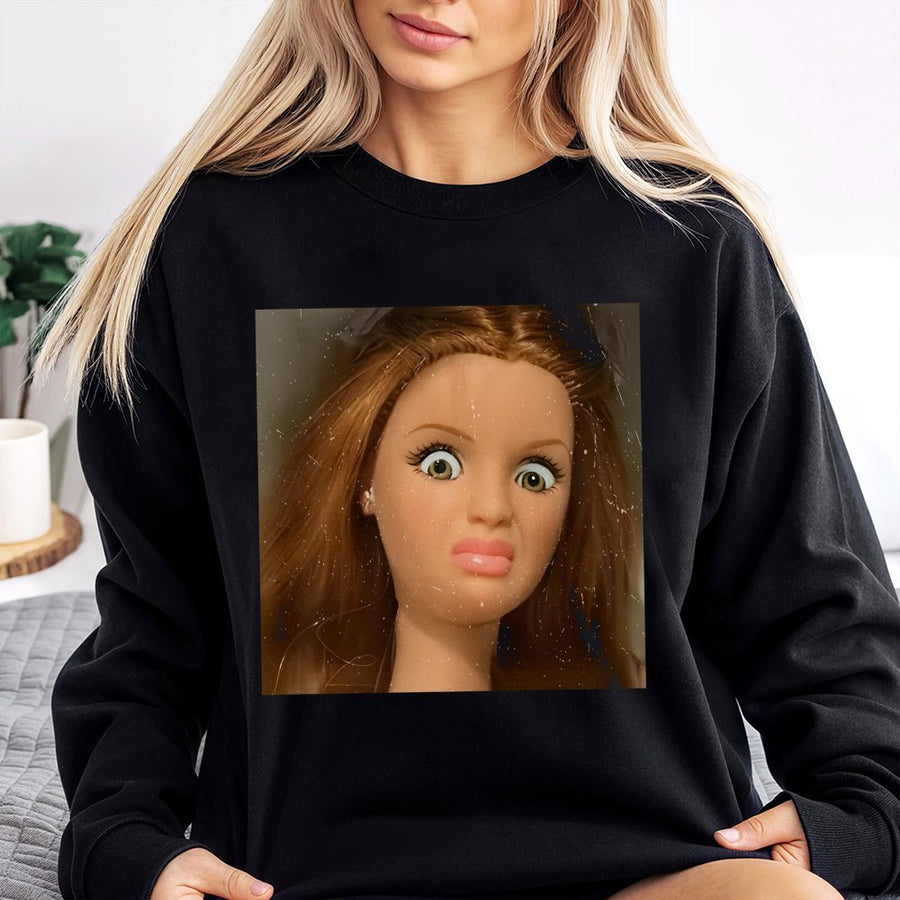 Shocked Doll Meme Sweatshirt | Funny Facial Expression Graphic | Premium Cotton Blend Crewneck | Sarcastic Humor Gift for Friends