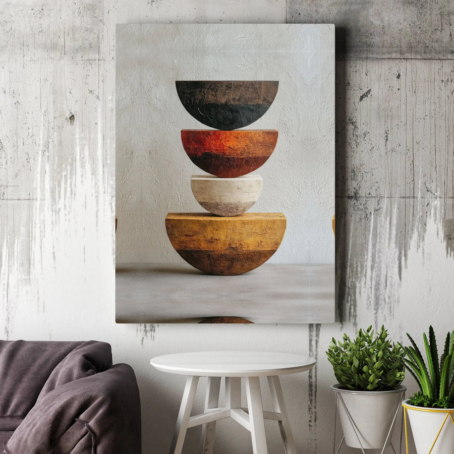 Minimalist Geometric Canvas Print | Textured Earth Tone Bowl Stack Art | Premium Thick Gallery Canvas | Modern Living Room Wall Decor Gift