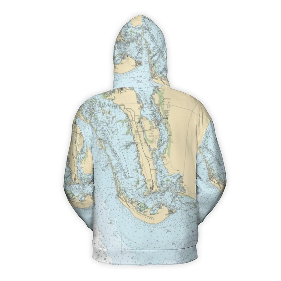Ten Thousand Islands Nautical Chart Hoodie | All-Over Map Print Pullover | Premium Polyester Fleece | Coastal Beach Lover Gift