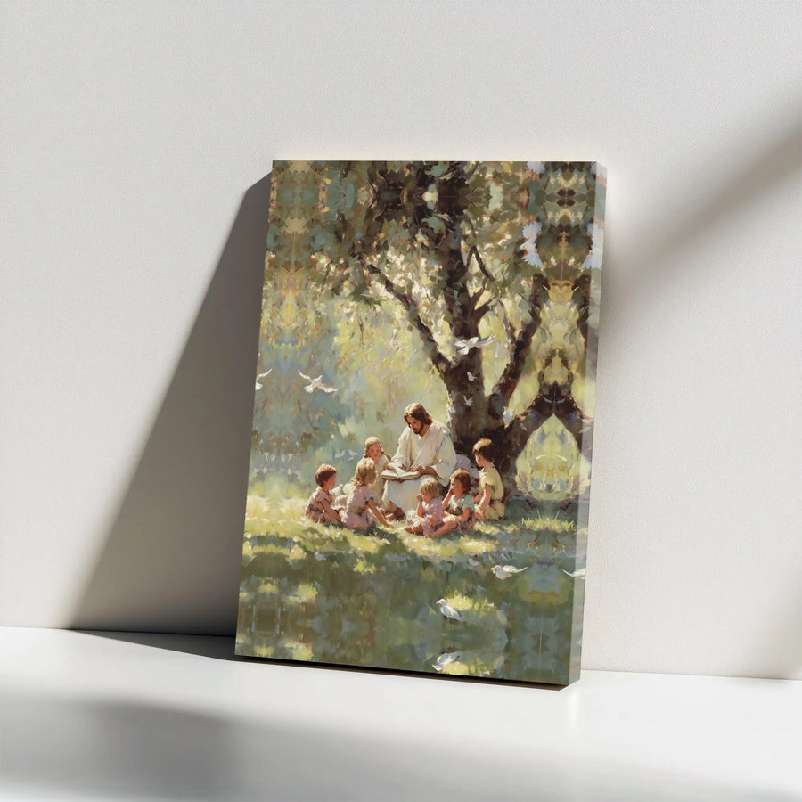 Jesus with Children Canvas Wall Art | Christ Teaching Under Tree | Premium Gallery Wrapped Canvas | Religious Christian Home Decor Gift