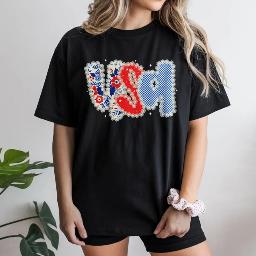 USA T-Shirt | Floral Patchwork Style Graphic Sweatshirt | Premium Cotton Blend | Patriotic 4th of July Gift for Women