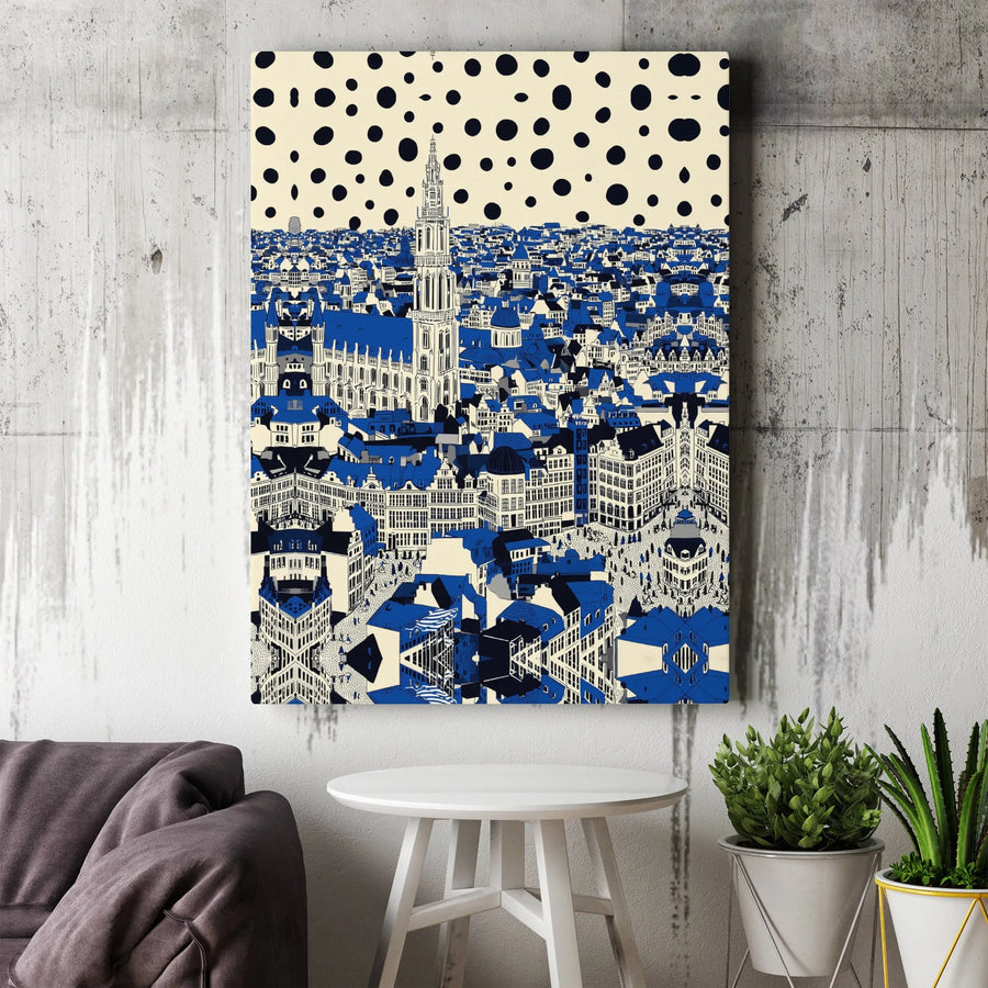 Abstract Cityscape Canvas Print | Blue European City with Polka Dot Sky | Premium Gallery Quality Canvas | Modern Living Room Wall Decor Gift
