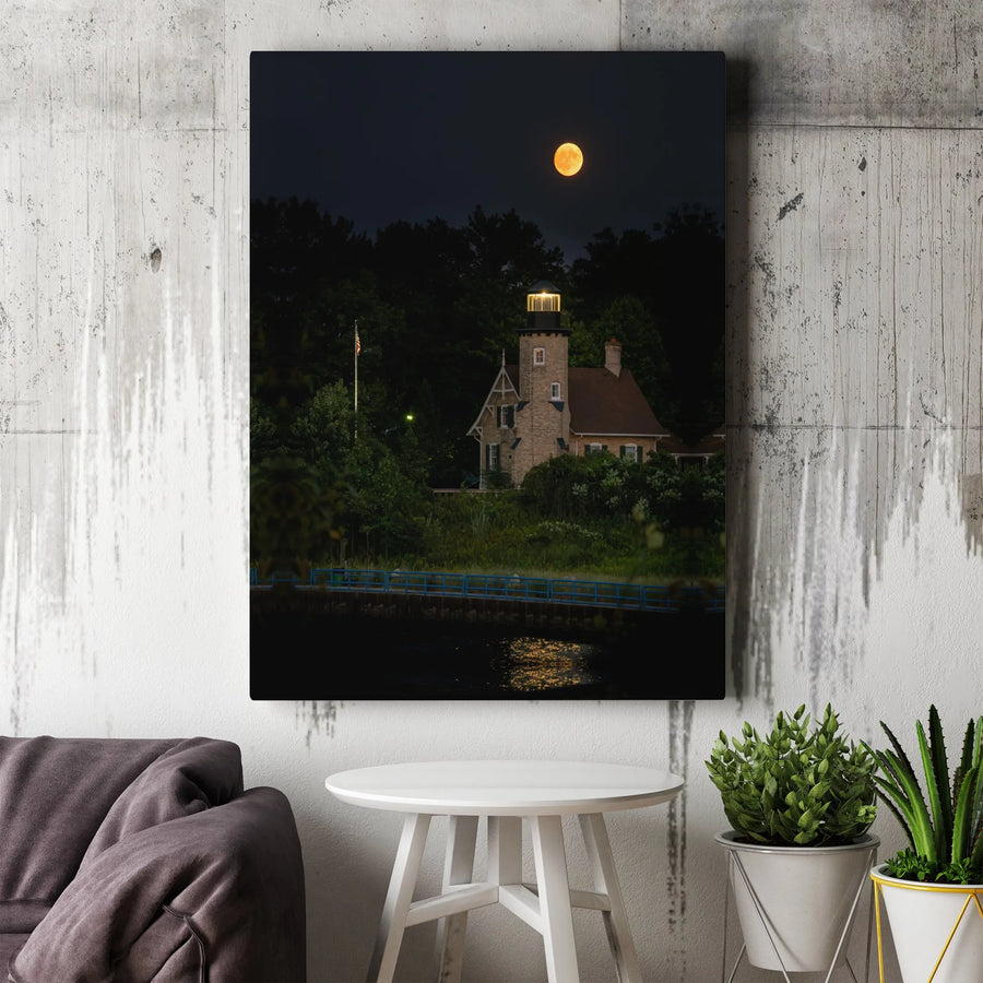 Lighthouse Wall Art | Full Moon Night Ocean Scenery | Premium Gallery Wrapped Canvas | Coastal Home Decor Gift for Nautical Enthusiasts