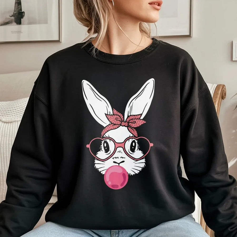 Easter Bunny Sweatshirt | Bubble Gum Cute Rabbit With Heart Glasses | Premium Cotton Blend Crewneck | Fun Spring Holiday Gift For Women And Kids
