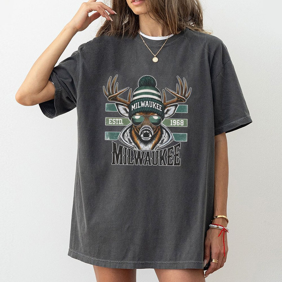 Milwaukee Basketball T-Shirt | Retro Deer Graphic with Beanie | Premium 100% Cotton | Gift for Wisconsin Sports Fans