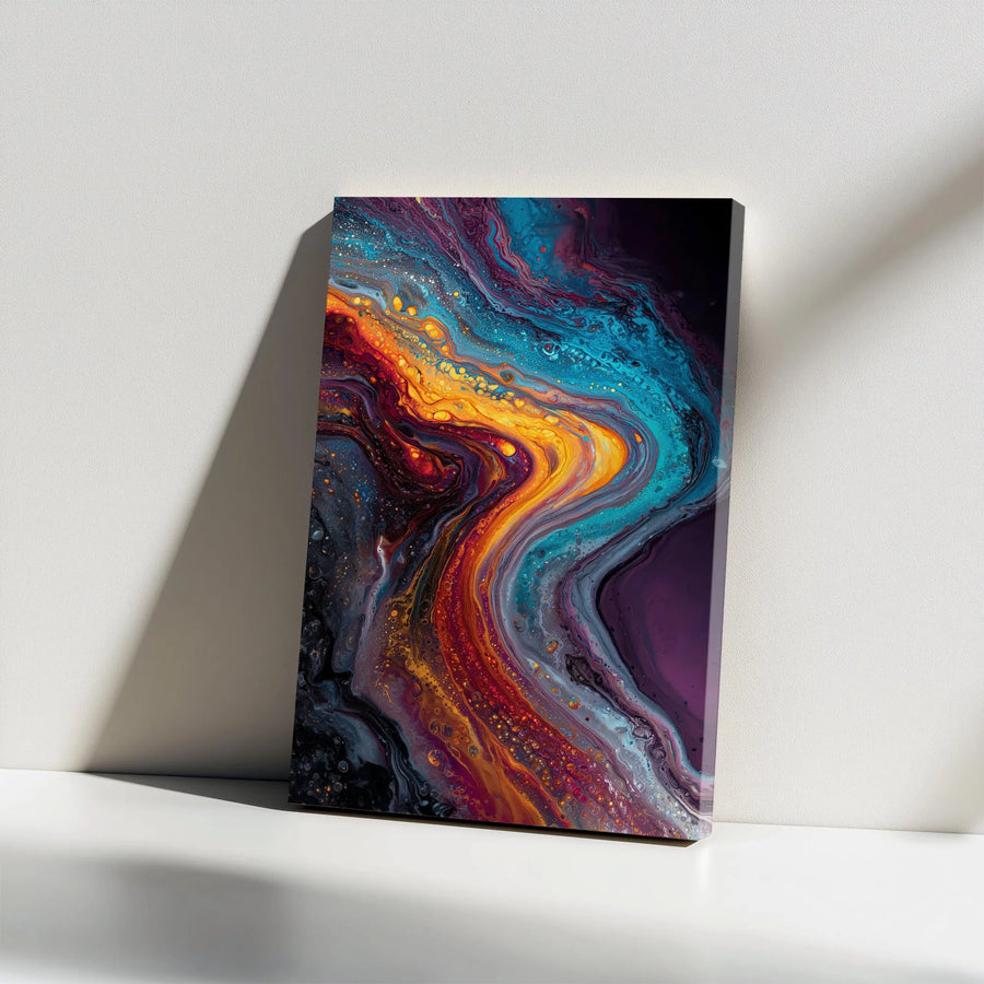 Abstract Fluid Art Vertical Canvas | Vibrant Orange and Blue Marble Swirl | Premium 1.25" Thick Gallery Wrap | Modern Home Office Wall Decor