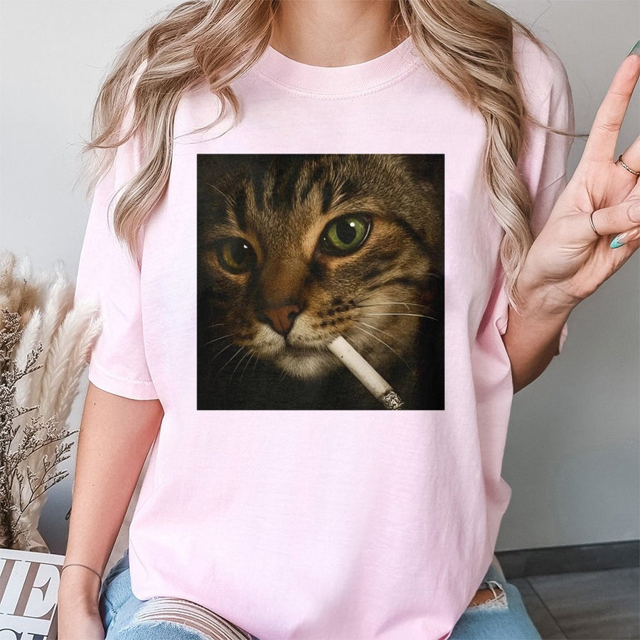 Smoking Cat Graphic T-Shirt | Funny Retro Meme Aesthetic | 100% Cotton Premium Tee | Unique Gift for Cat Lovers and Internet Humor Fans