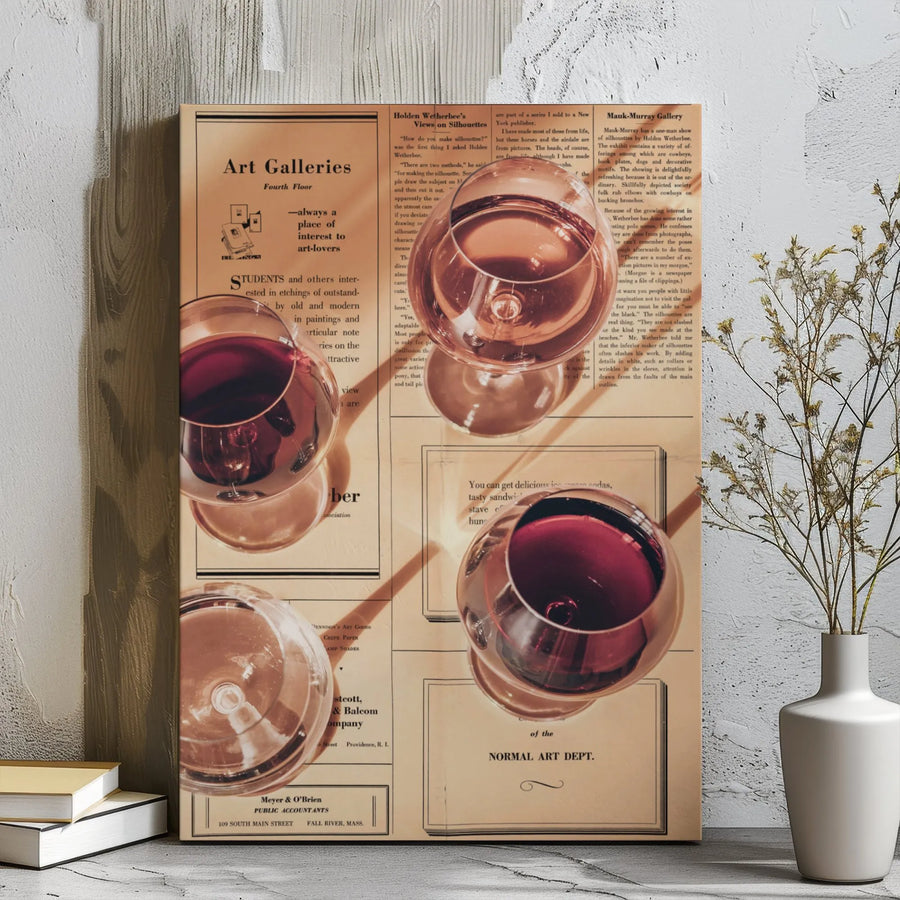 Wine Glass Wall Art | Vintage Newspaper Collage Canvas | Premium Gallery Wrap | Kitchen Decor Gift for Wine Lovers