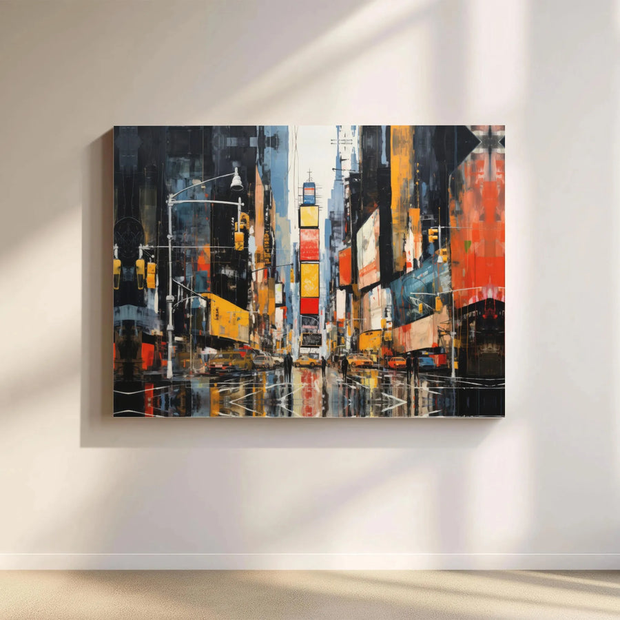 New York City Times Square Canvas Wall Art | Rainy Urban Street Scene Abstract | Gallery Wrapped 1.25 Inch Thick Premium Print | Modern Decor Gift