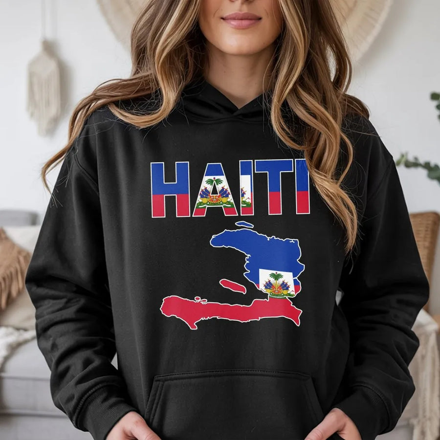 Haitian Flag Hoodie | Haiti Map Patriotic Graphic | Premium Cotton Unisex Tee | Haitian Pride Flag Day Gift