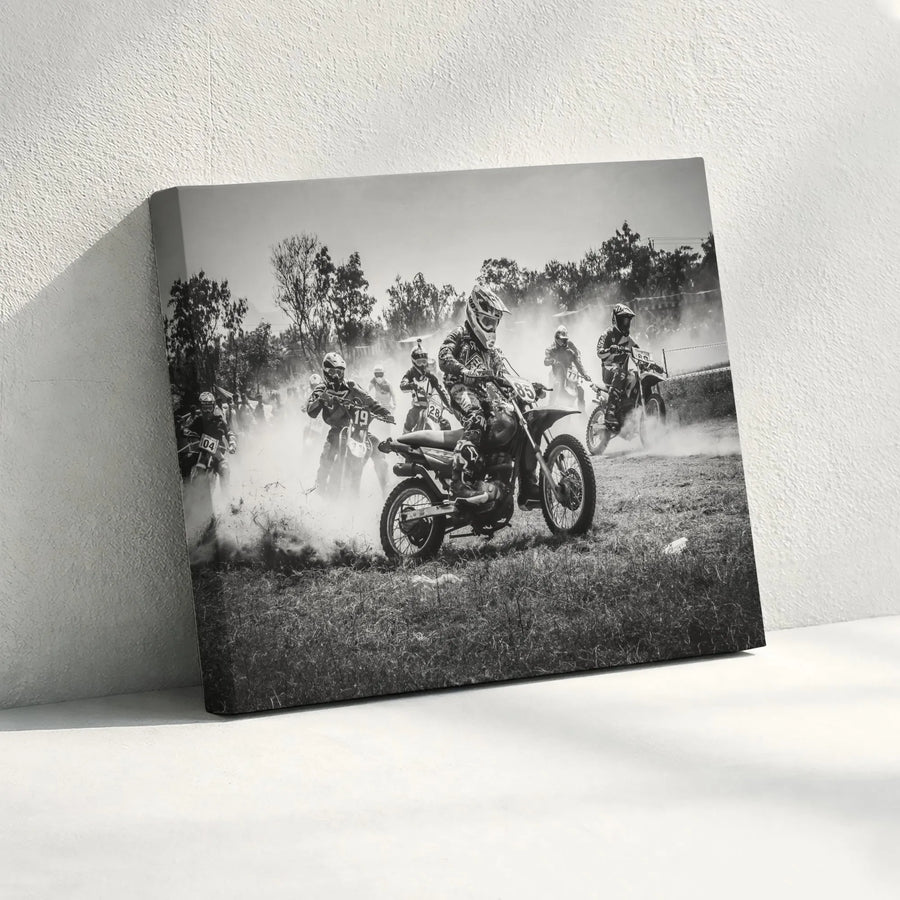 Motocross Dirt Bike Canvas Wall Art | Black and White Action Photography | Premium Gallery Wrap Canvas | Man Cave Decor Gift for Rider