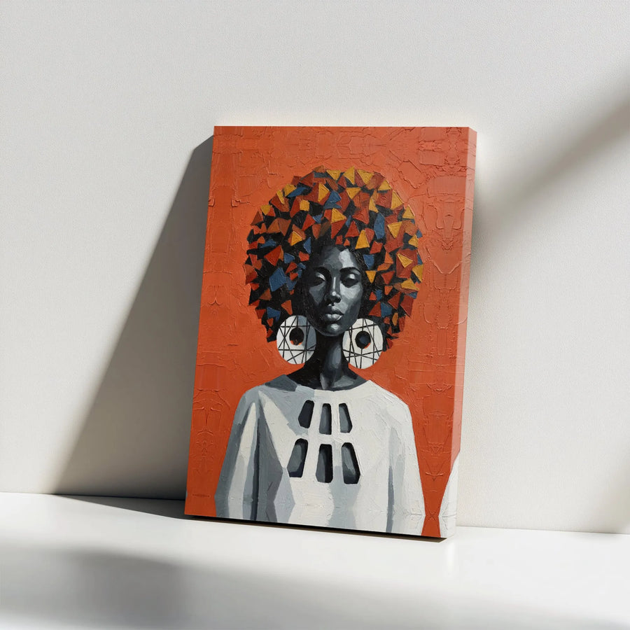 African American Wall Art | Abstract Black Woman Portrait with Geometric Afro | Premium Canvas Print | Modern Afrocentric Home Decor Gift