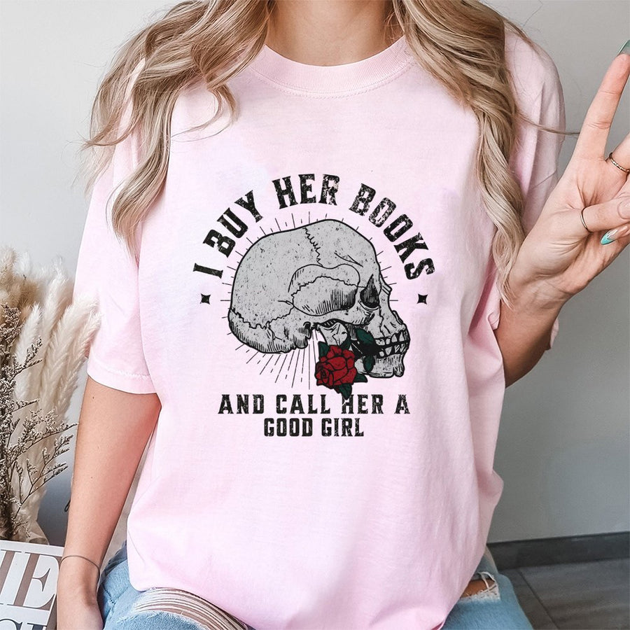 I Buy Her Books T-Shirt | Dark Romance Skull & Rose Graphic | 100% Cotton Premium Tee | Book Lover Gift for Reader
