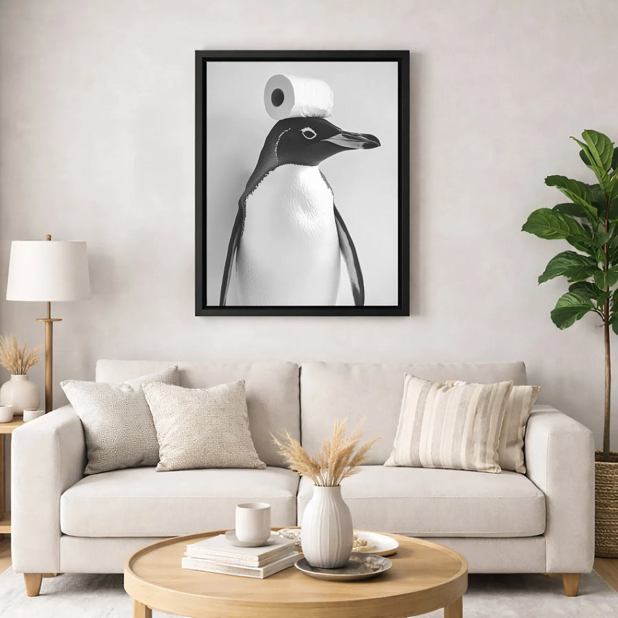 Funny Penguin Wall Art | Bathroom Decor Print with Toilet Paper | Premium Gallery Canvas | Quirky Gift for Animal Lovers