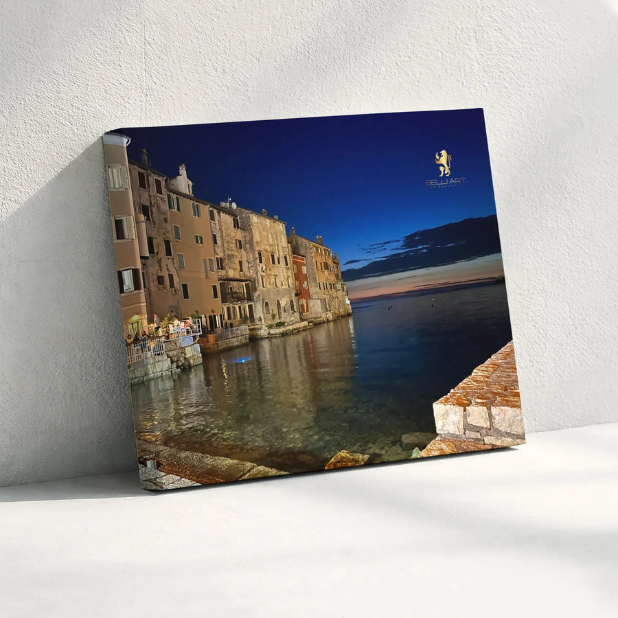 Mediterranean Coastal Village Canvas Print | Seaside Town at Twilight Photography | Premium Gallery Wrapped Canvas | Living Room Wall Decor Gift
