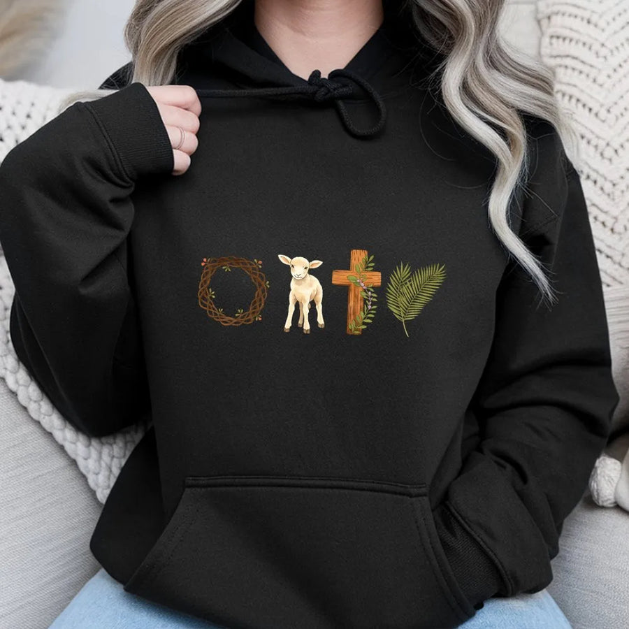 Easter Lamb and Cross Hoodie | Religious Crown of Thorns Graphic | Premium Cotton Blend | Unisex Christian Faith Gift