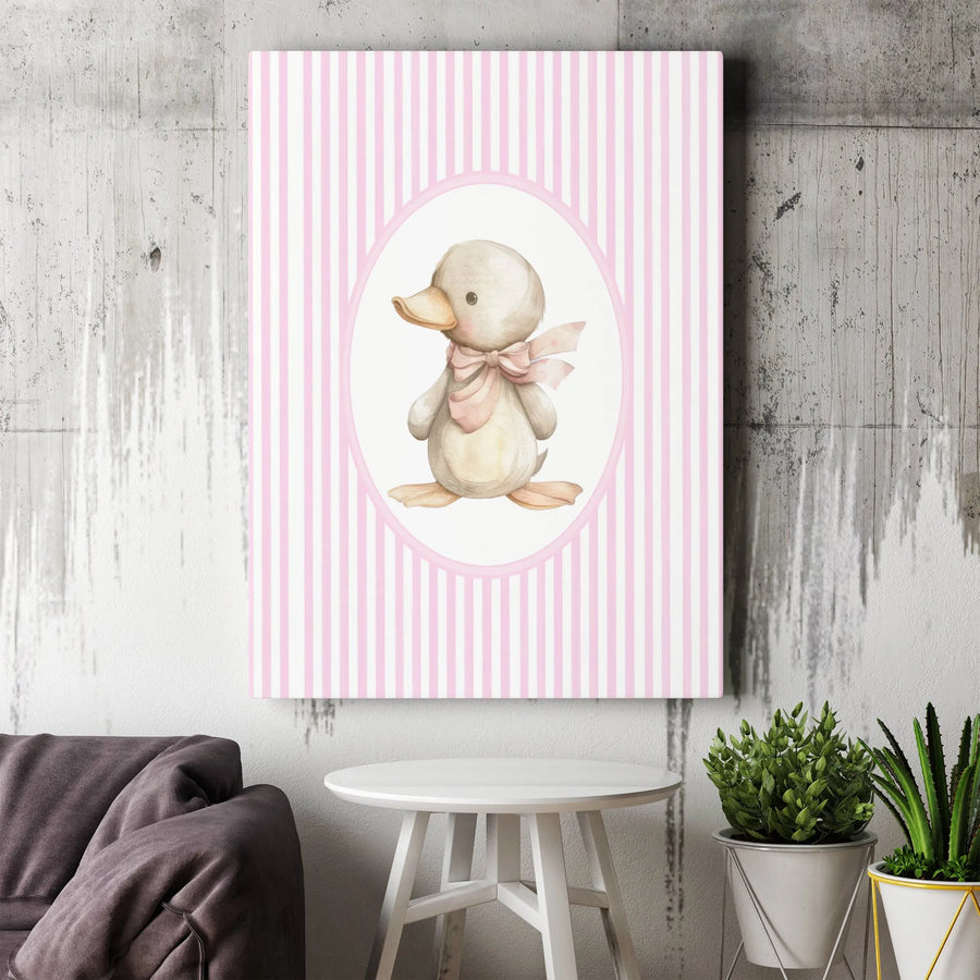 Cute Duckling Wall Art | Watercolor Baby Duck With Pink Bow | 1.25” Premium Gallery Canvas | Nursery Decor for Baby Girl Room