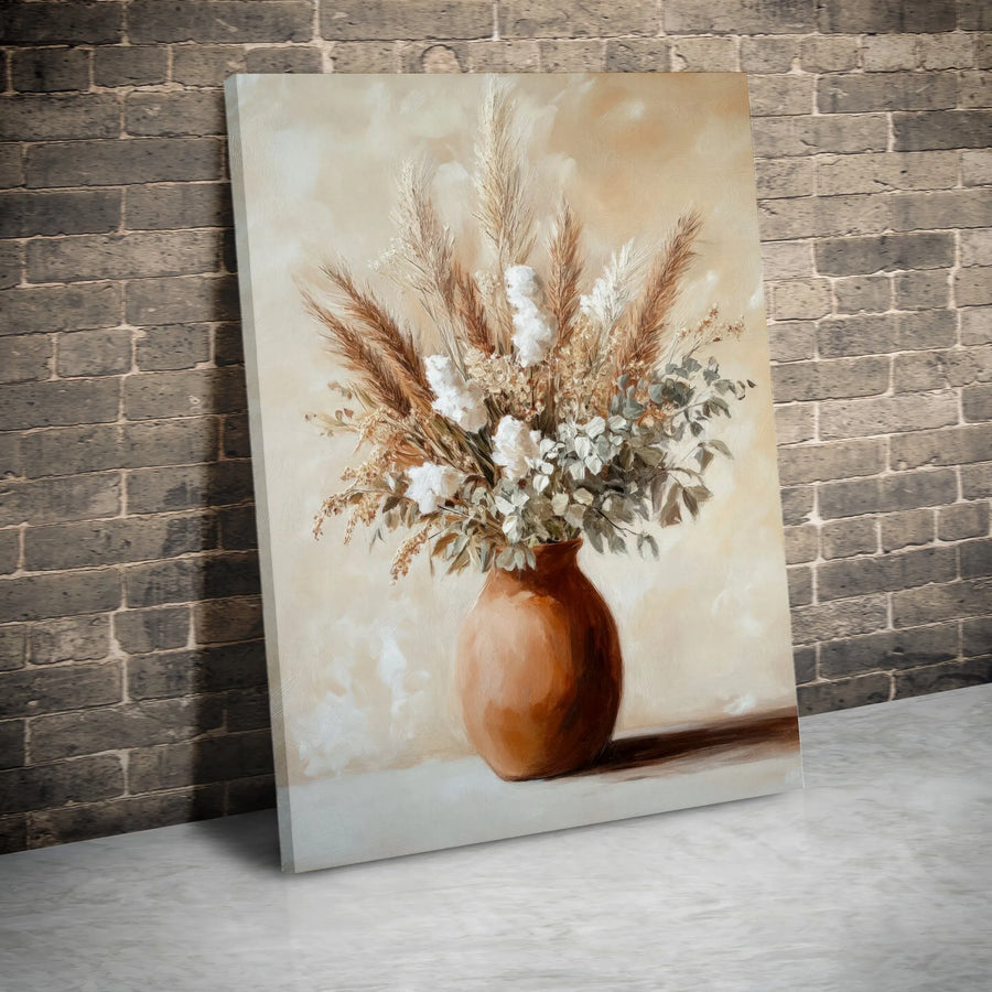 Bohemian Pampas Grass Canvas Wall Art | Neutral Dried Flower Bouquet in Terracotta Vase | Premium Fade-Resistant Gallery Wrap | Modern Home Decor Gift