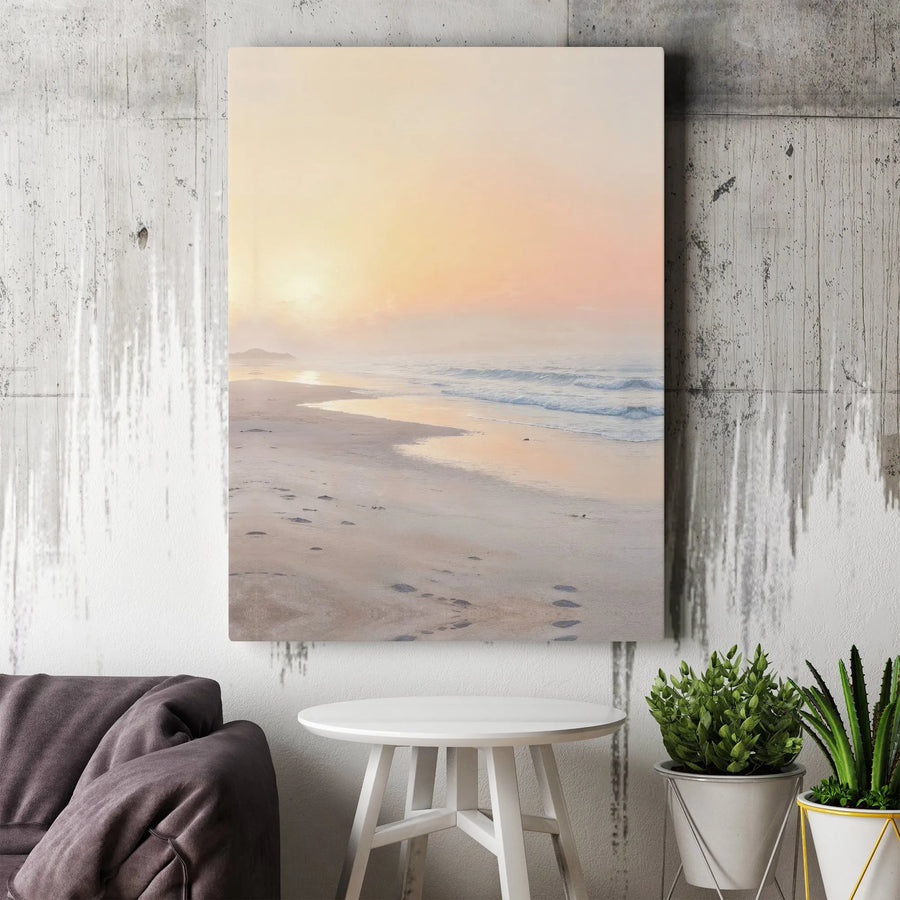 Serene Beach Canvas Wall Art | Misty Sunrise Ocean Scene | Premium Gallery-Wrapped Canvas | Coastal Home Decor Gift