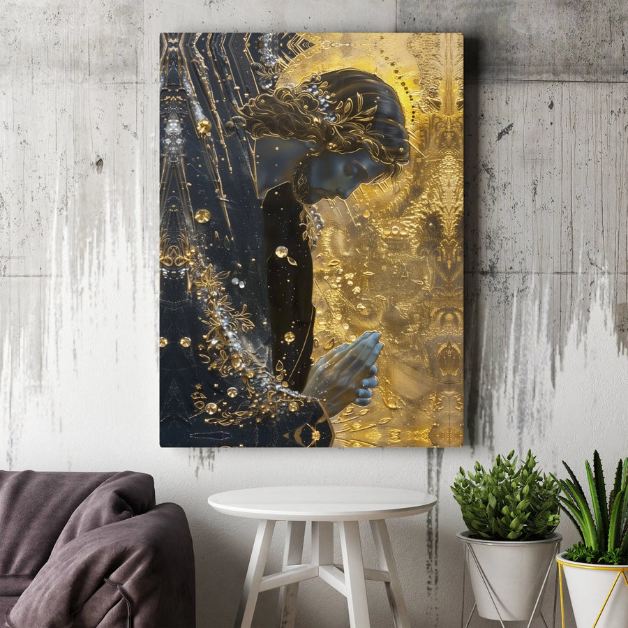 Praying Figure Canvas Art | Black And Gold Abstract Wall Decor | Premium Fade-Resistant Print | Spiritual Home Office Gift
