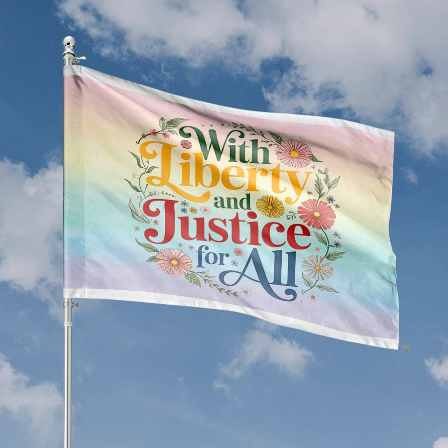 With Liberty And Justice For All House Flag | Floral Patriotic Garden Banner | Premium UV-Resistant Polyester | Seasonal Home Decor Gift